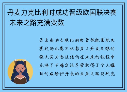 丹麦力克比利时成功晋级欧国联决赛 未来之路充满变数