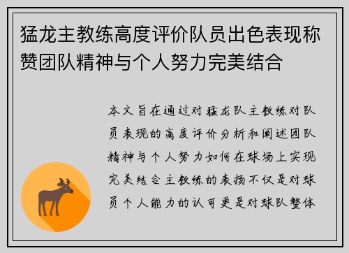 猛龙主教练高度评价队员出色表现称赞团队精神与个人努力完美结合