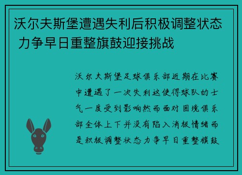 沃尔夫斯堡遭遇失利后积极调整状态 力争早日重整旗鼓迎接挑战