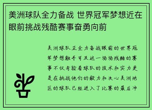 美洲球队全力备战 世界冠军梦想近在眼前挑战残酷赛事奋勇向前