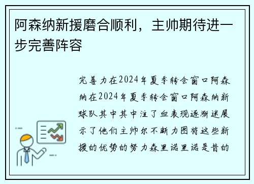 阿森纳新援磨合顺利，主帅期待进一步完善阵容